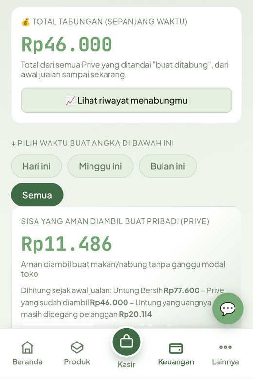 Layar yang menampilkan berapa uang yang aman diambil untuk keperluan pribadi