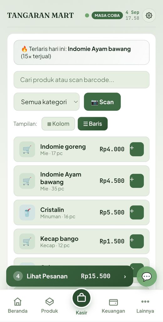 Layar kasir dengan daftar produk dan tombol tambah